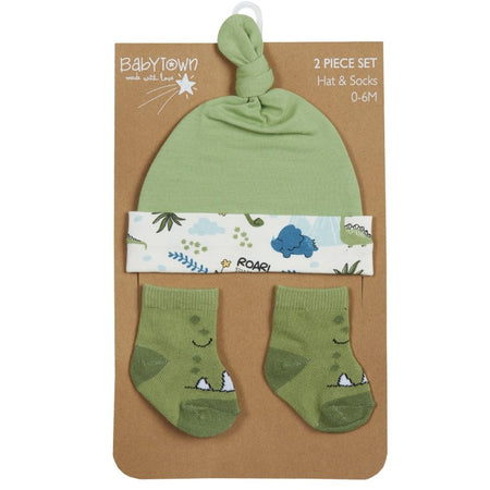 baby boy dinosaur hat and sock set | novelty dinosaur baby accessory set | baby dinosaur hat with matching socks | dinosaur baby gift set