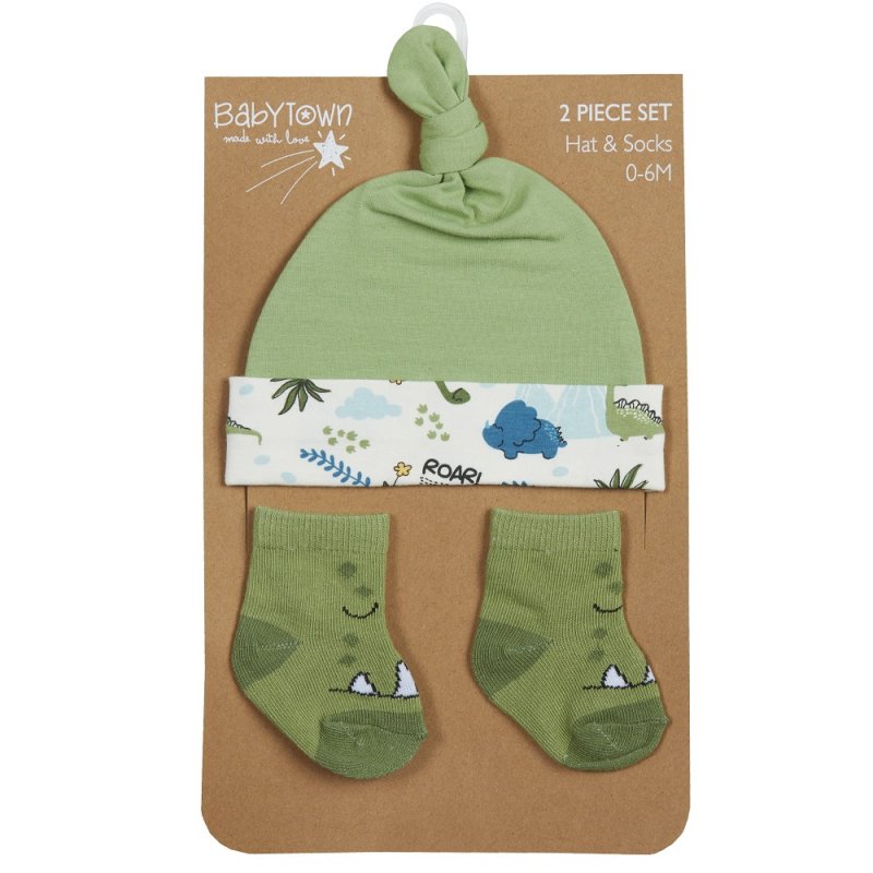 baby boy dinosaur hat and sock set | novelty dinosaur baby accessory set | baby dinosaur hat with matching socks | dinosaur baby gift set