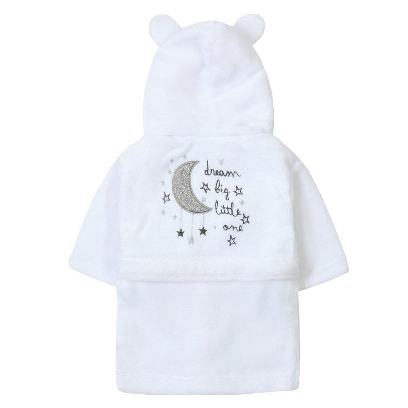 baby personalised dream big little one dressing gown | personalised baby hooded dressing gown | dream big little one baby robe | embroidered baby dressing gown