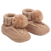 baby cable knit pom pom bootees | unisex knitted baby bootees | cable knit baby booties with pom poms | cosy newborn knitted bootees