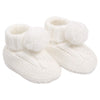 baby cable knit pom pom bootees | unisex knitted baby bootees | cable knit baby booties with pom poms | cosy newborn knitted bootees