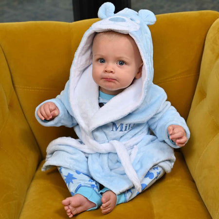 premium baby personalised teddy bear dressing gown | personalised teddy bear hooded robe for baby | luxury baby teddy dressing gown | embroidered teddy bear baby robe
