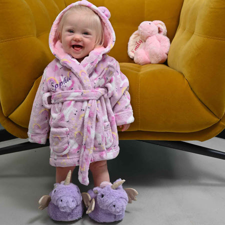 baby girl personalised unicorn dressing gown | personalised unicorn print hooded robe | embroidered baby unicorn dressing gown | unicorn hooded dressing gown for baby girl