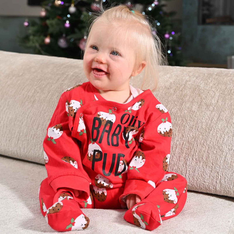 baby personalised Christmas pudding sleepsuit | personalised baby pud sleepsuit | family matching Christmas pudding baby sleepsuit | cotton Christmas baby sleepsuit