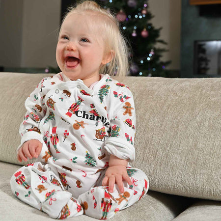 baby personalised Christmas themed sleepsuit | family matching Christmas baby sleepsuit | personalised festive baby sleepsuit | cotton Christmas sleepsuit for baby