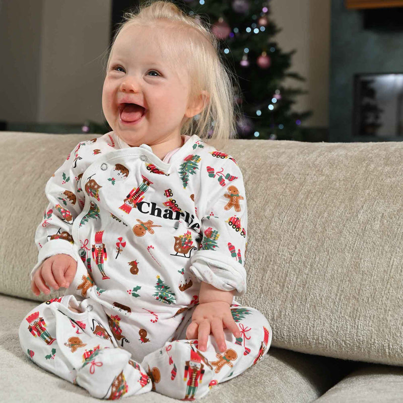 baby personalised Christmas themed sleepsuit | family matching Christmas baby sleepsuit | personalised festive baby sleepsuit | cotton Christmas sleepsuit for baby