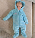 image of baby wearing blue personalised pram suit from Lulabay