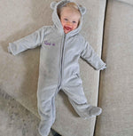 Load image into Gallery viewer, baby wearing grey personalised pram suit from Lulabay
