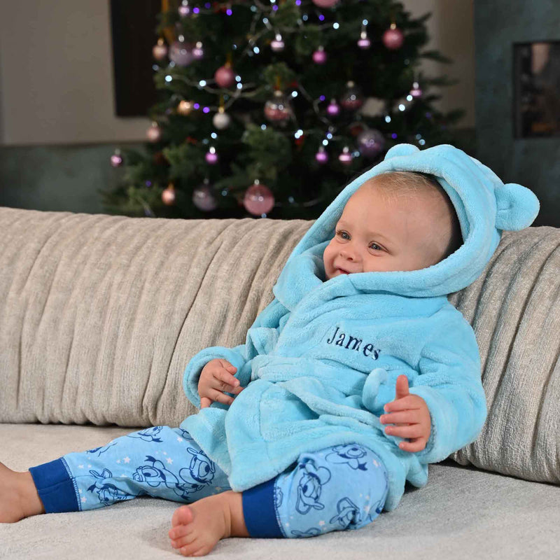baby boy personalised teddy bear dressing gown | teddy bear ear hooded dressing gown for baby | embroidered baby boy fleece robe | personalised teddy hooded bathrobe