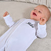 baby personalised football sleepsuit | personalised football themed baby grows | football sleepsuit with name and number | personalised baby football outfit