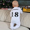 baby personalised football sleepsuit | personalised football themed baby grows | football sleepsuit with name and number | personalised baby football outfit