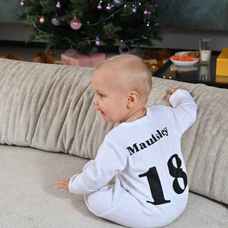 baby personalised football sleepsuit | personalised football themed baby grows | football sleepsuit with name and number | personalised baby football outfit