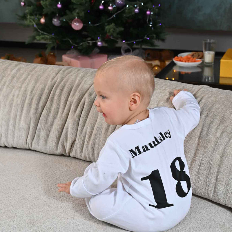 baby personalised football sleepsuit | personalised football themed baby grows | football sleepsuit with name and number | personalised baby football outfit