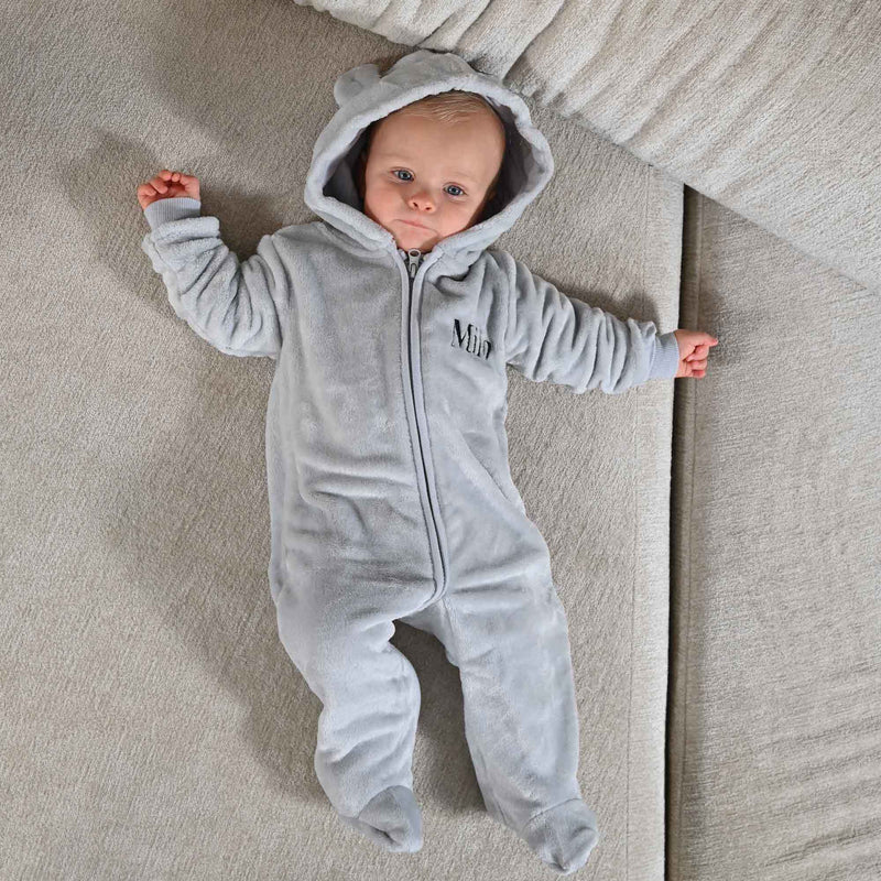 baby boy personalised teddy bear pramsuit | personalised teddy ear pramsuit | super soft fleece baby pramsuit | embroidered baby boy pramsuit