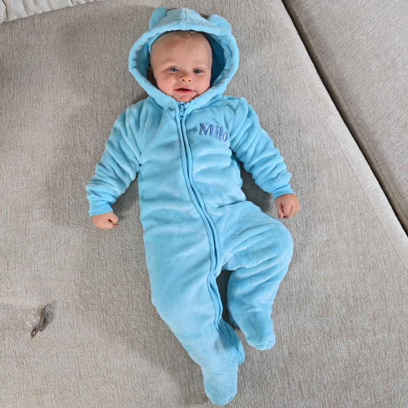 baby boy personalised teddy bear pramsuit | personalised teddy ear pramsuit | super soft fleece baby pramsuit | embroidered baby boy pramsuit