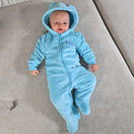 Load image into Gallery viewer, Lulabay baby boys personalised teddy bear ear super soft pramsuit
