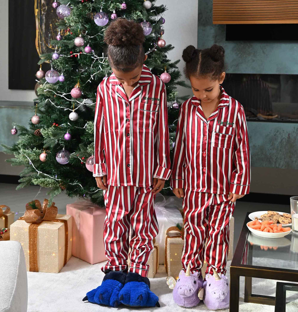 Kids unisex personalised family stripe satin pyjamas