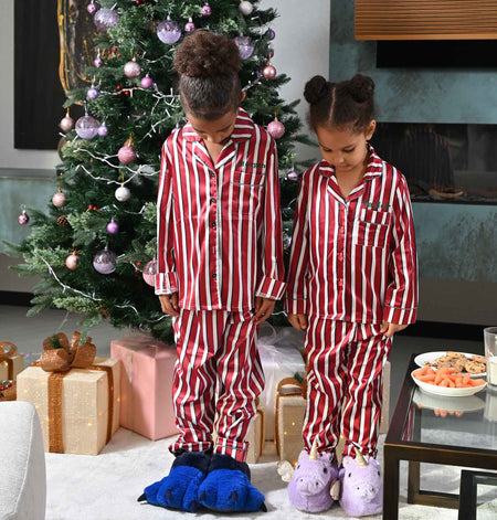 kids personalised stripe satin pyjama set | unisex personalised satin pyjamas for kids | matching family satin pyjamas | personalised kids satin sleepwear