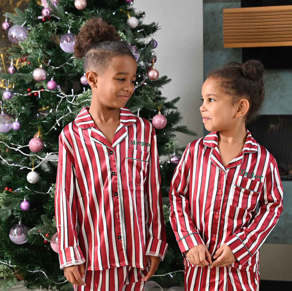 Kids unisex personalised family stripe satin pyjamas