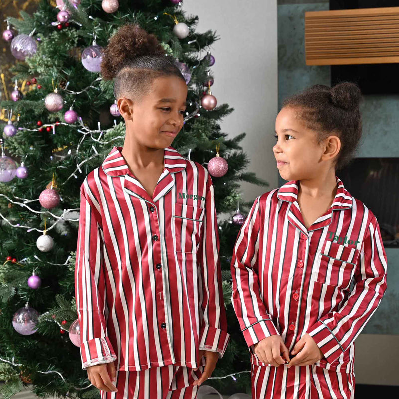 kids personalised stripe satin pyjama set | unisex personalised satin pyjamas for kids | matching family satin pyjamas | personalised kids satin sleepwear