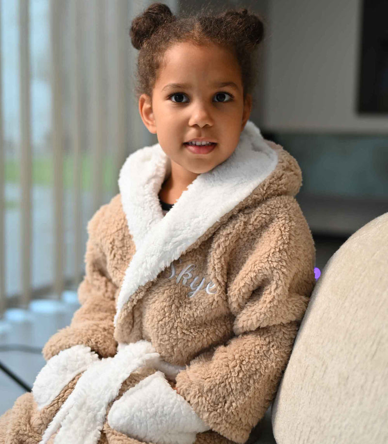 kids personalised teddy bear borg dressing gown | unisex teddy bear hooded dressing gown | personalised borg robe for kids | embroidered teddy bear dressing gown