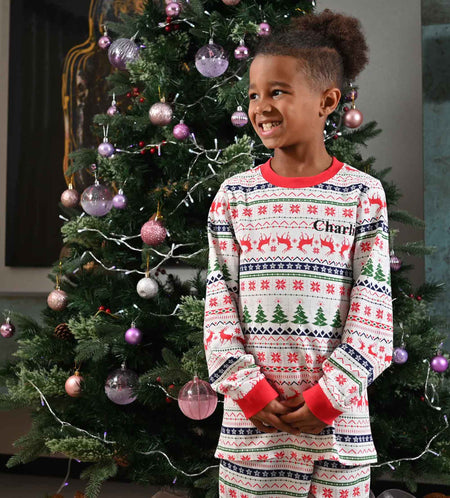 kids personalised Christmas fairisle pyjamas | unisex family matching Christmas pyjamas | personalised fairisle pyjama set for kids | Christmas fairisle pyjamas for children