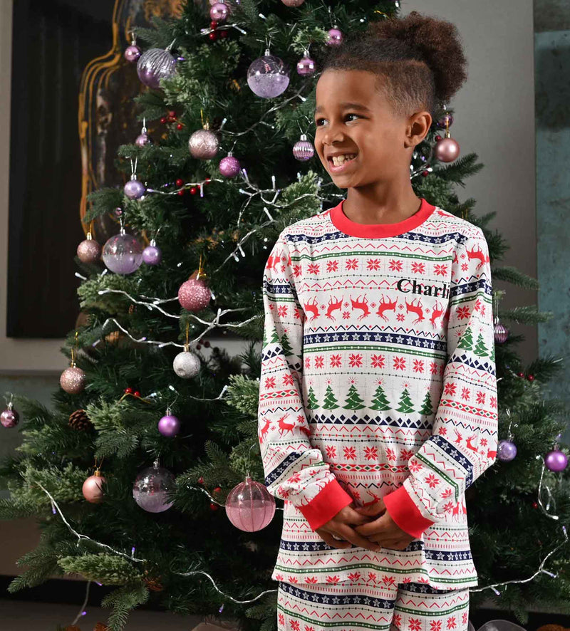 kids personalised Christmas fairisle pyjamas | unisex family matching Christmas pyjamas | personalised fairisle pyjama set for kids | Christmas fairisle pyjamas for children