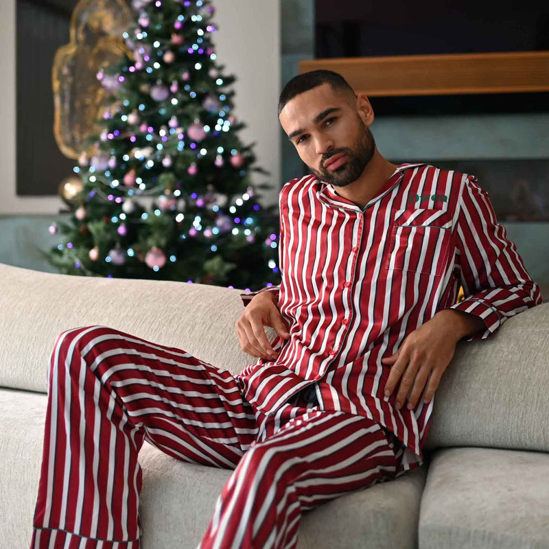 personalised men's family stripe satin pyjama set | men's personalised stripe satin pyjamas | matching family stripe satin pyjamas