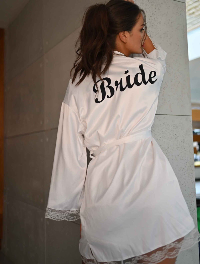 personalised bridal satin lace robe | personalised bridal satin lace robe white (change according to colour image)