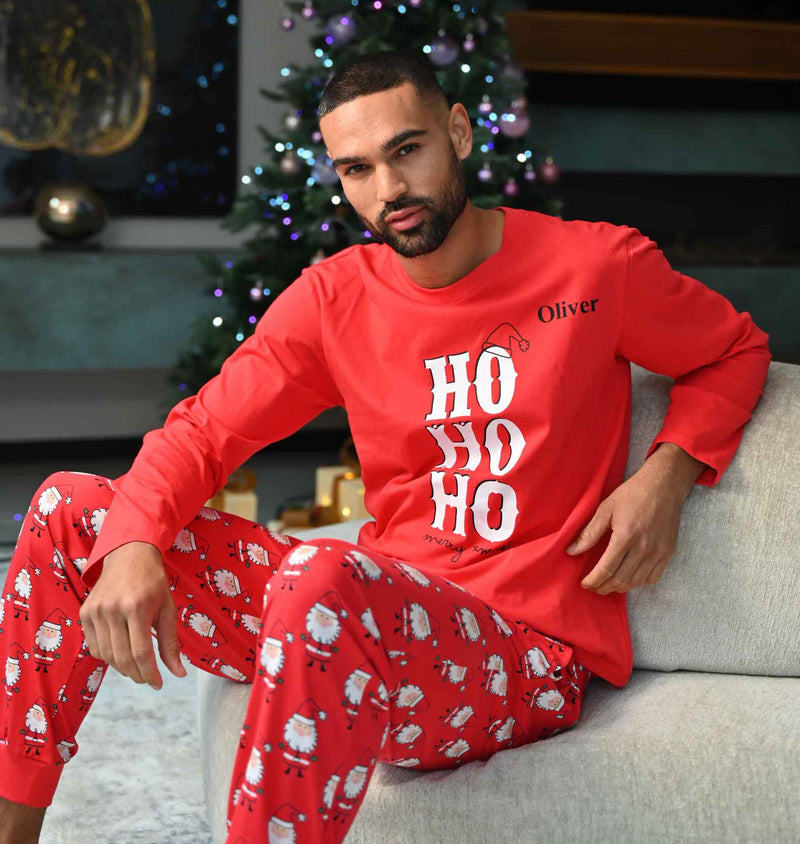 men's personalised couples Christmas HO HO HO pyjama set | matching couples Christmas pyjamas for men | personalised HO HO HO Christmas pyjamas