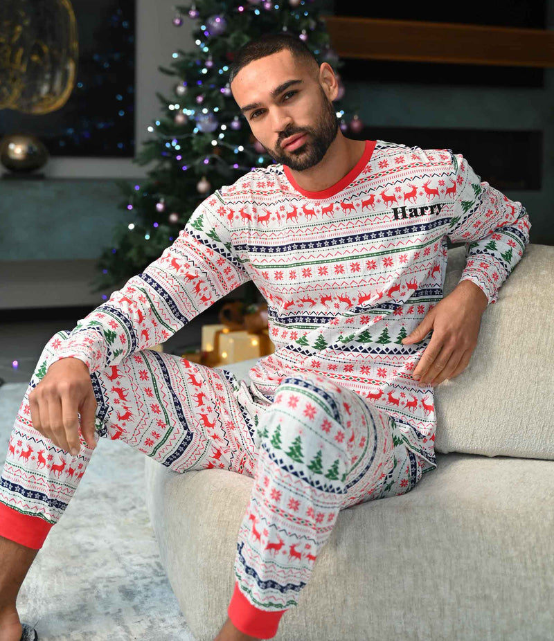 men's personalised family Christmas Fairisle pyjama set | matching family Fairisle Christmas pyjamas for men | personalised Fairisle pyjamas for men