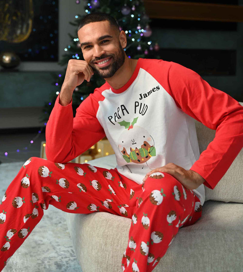 men's personalised family Christmas PAPA PUD pyjama set | matching family PAPA PUD Christmas pyjamas | personalised Christmas pudding pyjamas for men