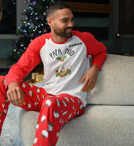 men's personalised family Christmas PAPA PUD pyjama set | matching family PAPA PUD Christmas pyjamas | personalised Christmas pudding pyjamas for men