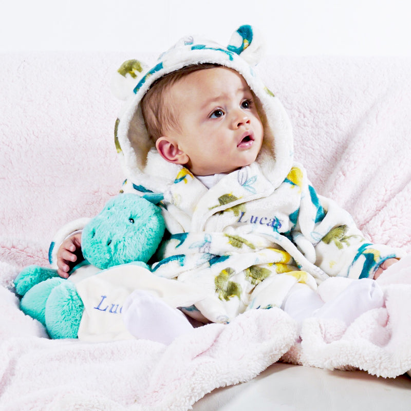 baby boy personalised dinosaur dressing gown | dinosaur print hooded dressing gown for baby | embroidered dinosaur baby robe | personalised dinosaur fleece dressing gown