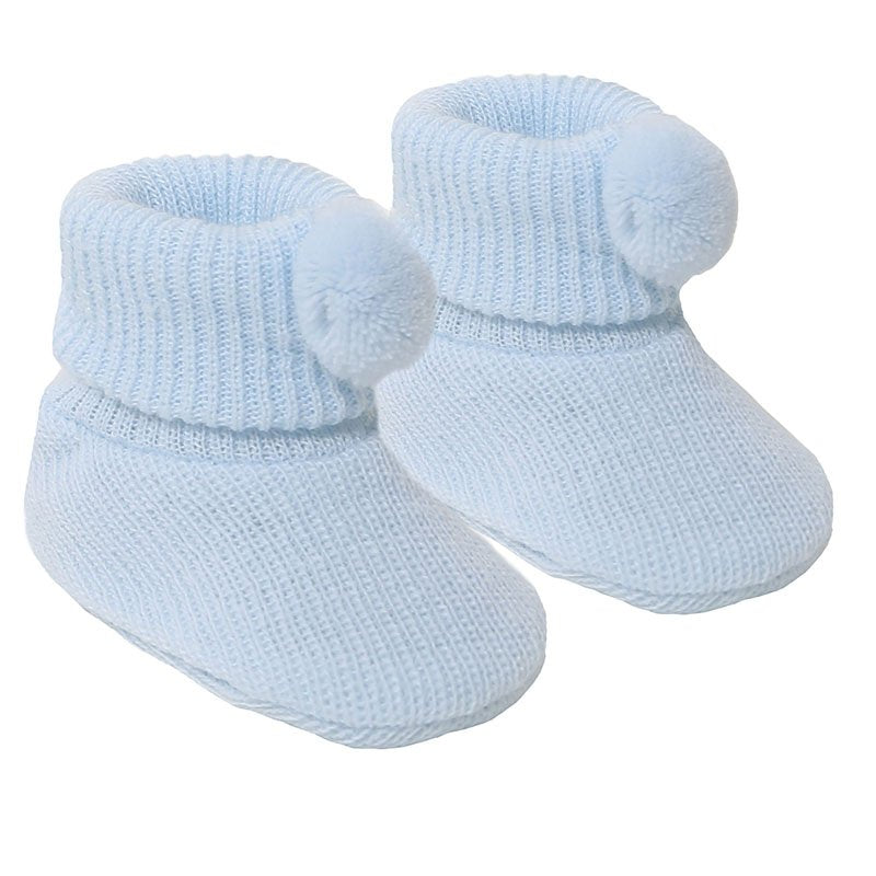newborn baby pom pom bootees | knitted newborn baby booties | cosy pom pom baby booties | soft acrylic newborn bootees