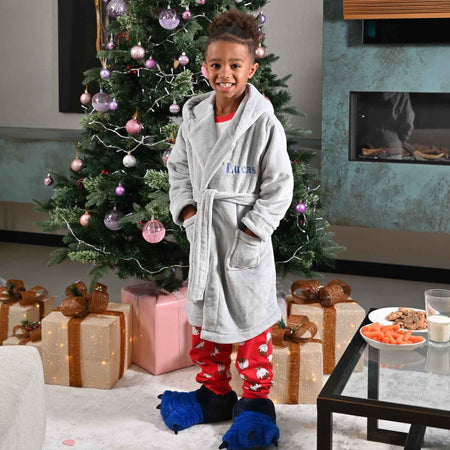 Boys plush maxi personalised dressing gown in a luxurious Light Grey colour. Made from super soft thick fabric, maxi length, large hood to the back and adjustable tie around the waist. Complete with a special touch of personalisation to the chest - this is embroidered especially for you. Making the perfect personalised gift for children. 