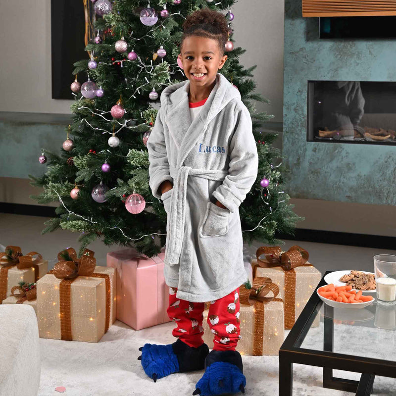 Boys plush maxi personalised dressing gown in a luxurious Light Grey colour. Made from super soft thick fabric, maxi length, large hood to the back and adjustable tie around the waist. Complete with a special touch of personalisation to the chest - this is embroidered especially for you. Making the perfect personalised gift for children. 