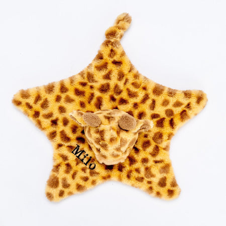 baby personalised recycled giraffe comforter | personalised giraffe comfort blanket | embroidered recycled giraffe comforter | sustainable baby giraffe comfort toy