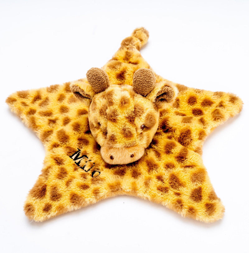 baby personalised recycled giraffe comforter | personalised giraffe comfort blanket | embroidered recycled giraffe comforter | sustainable baby giraffe comfort toy
