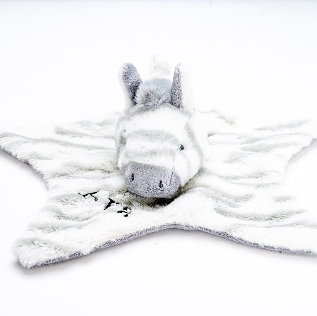 baby personalised recycled zebra comforter | personalised zebra comfort blanket | embroidered recycled zebra comforter | sustainable baby zebra comfort toy