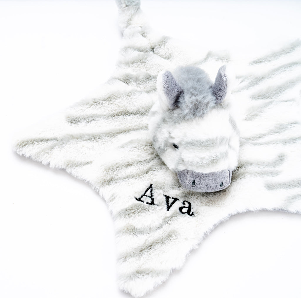 baby personalised recycled zebra comforter | personalised zebra comfort blanket | embroidered recycled zebra comforter | sustainable baby zebra comfort toy