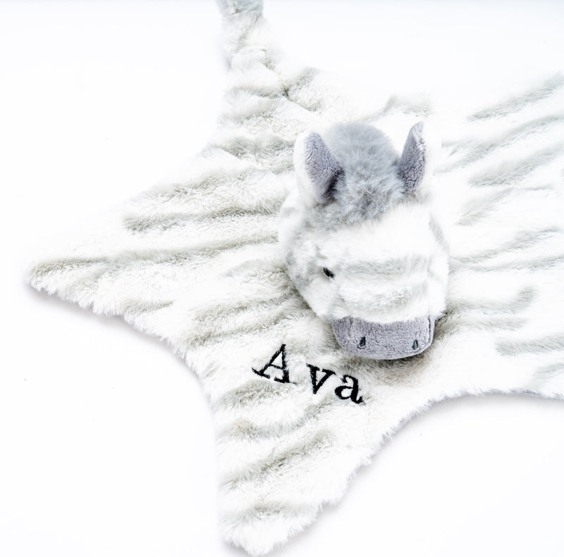 baby personalised recycled zebra comforter | personalised zebra comfort blanket | embroidered recycled zebra comforter | sustainable baby zebra comfort toy