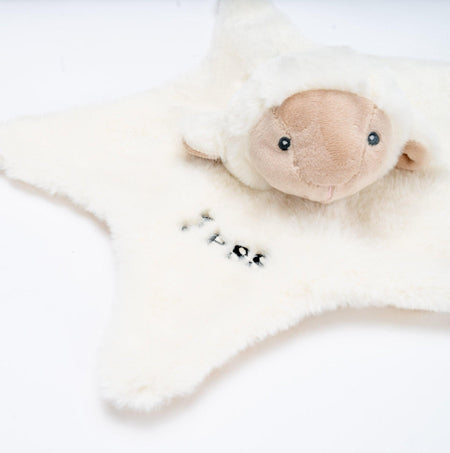baby personalised recycled lamb comforter | personalised lamb comfort blanket | embroidered recycled lamb comforter | sustainable baby lamb comfort toy