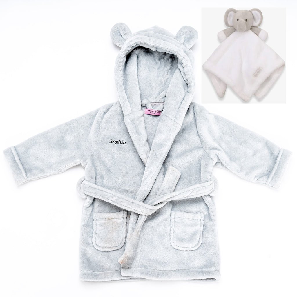 personalised baby dressing gown gift set | baby dressing gown and elephant comforter | personalised newborn gift set | embroidered baby robe and comforter