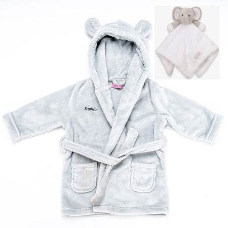 personalised baby dressing gown gift set | baby dressing gown and elephant comforter | personalised newborn gift set | embroidered baby robe and comforter