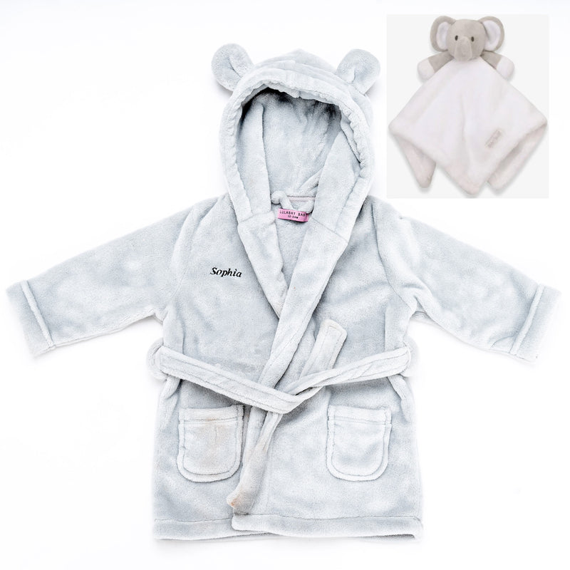 personalised baby dressing gown gift set | baby dressing gown and elephant comforter | personalised newborn gift set | embroidered baby robe and comforter