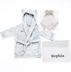 baby personalised dressing gown gift set | elephant comforter and cotton blanket gift set | personalised newborn gift bundle | baby dressing gown and elephant toy set