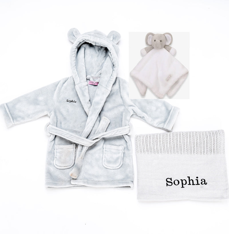 baby personalised dressing gown gift set | elephant comforter and cotton blanket gift set | personalised newborn gift bundle | baby dressing gown and elephant toy set