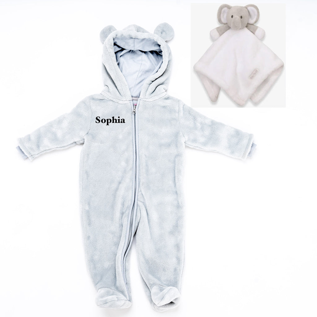 baby personalised pramsuit and elephant comforter gift set | personalised fleece pramsuit with elephant comforter | newborn personalised gift set | embroidered baby pramsuit gift bundle