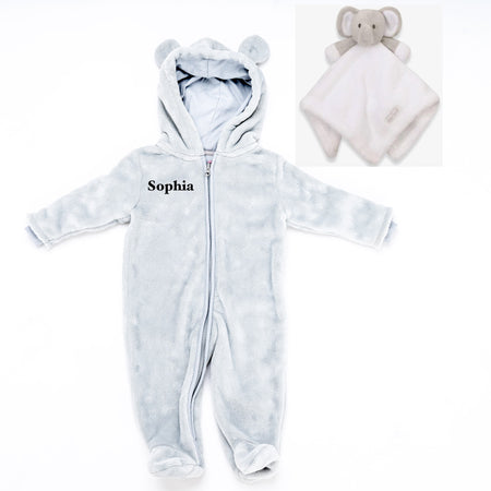 baby personalised pramsuit and elephant comforter gift set | personalised fleece pramsuit with elephant comforter | newborn personalised gift set | embroidered baby pramsuit gift bundle